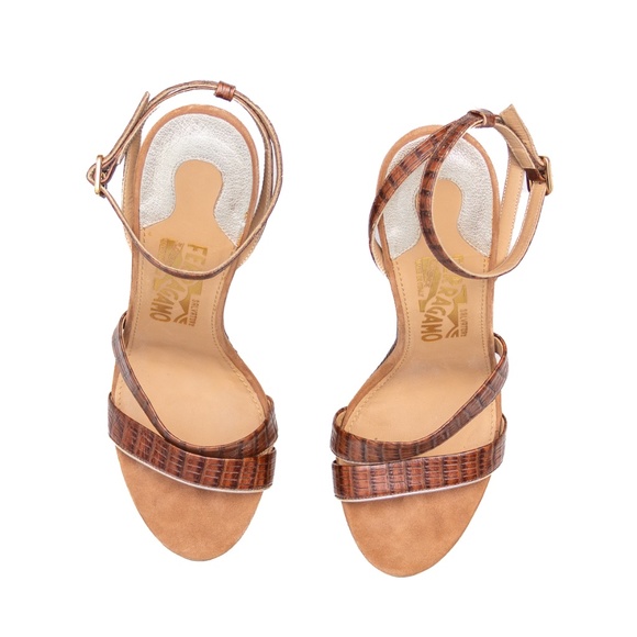 Salvatore Ferragamo Croc-Embossed Wedge Sandals – Tortoiseshell Lucite Platform - Picture 8 of 11